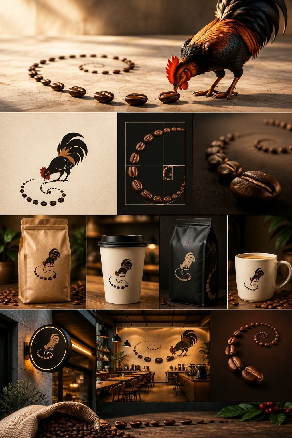 لوحة هوية Coffee Rooster: الشعار والأكياس والأكواب والمحل