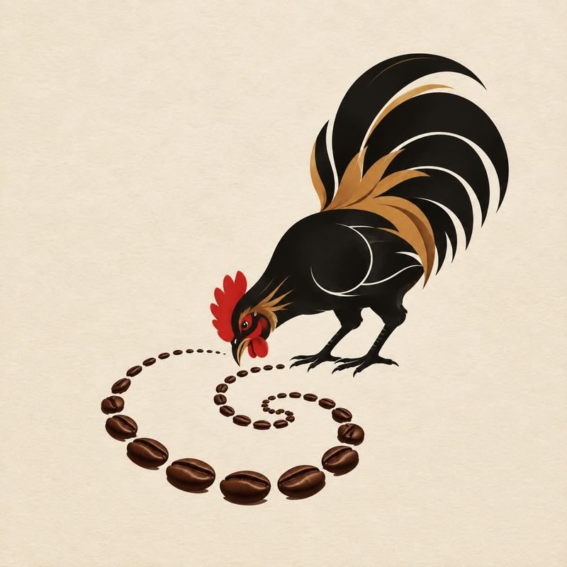شعار Coffee Rooster: ديك وأثر من حبات القهوة